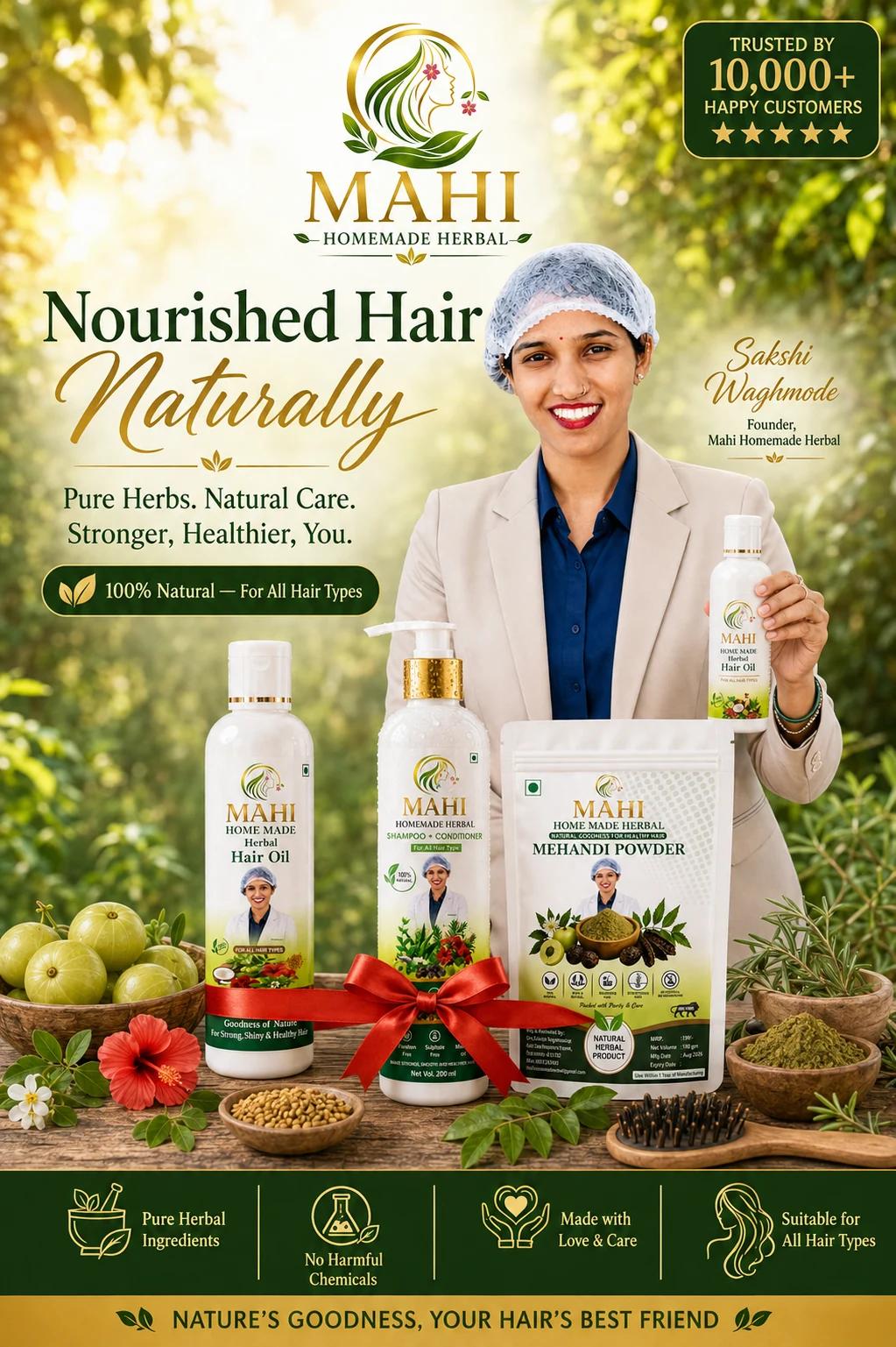 Mahi Homemade Herbal — Hair Oil, Shampoo + Conditioner and Mehandi Powder