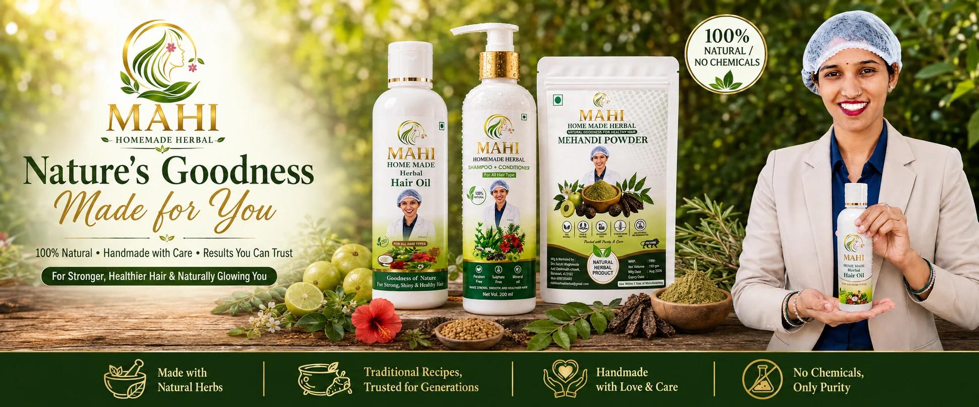Mahi Homemade Herbal — Hair Oil, Shampoo + Conditioner and Mehandi Powder