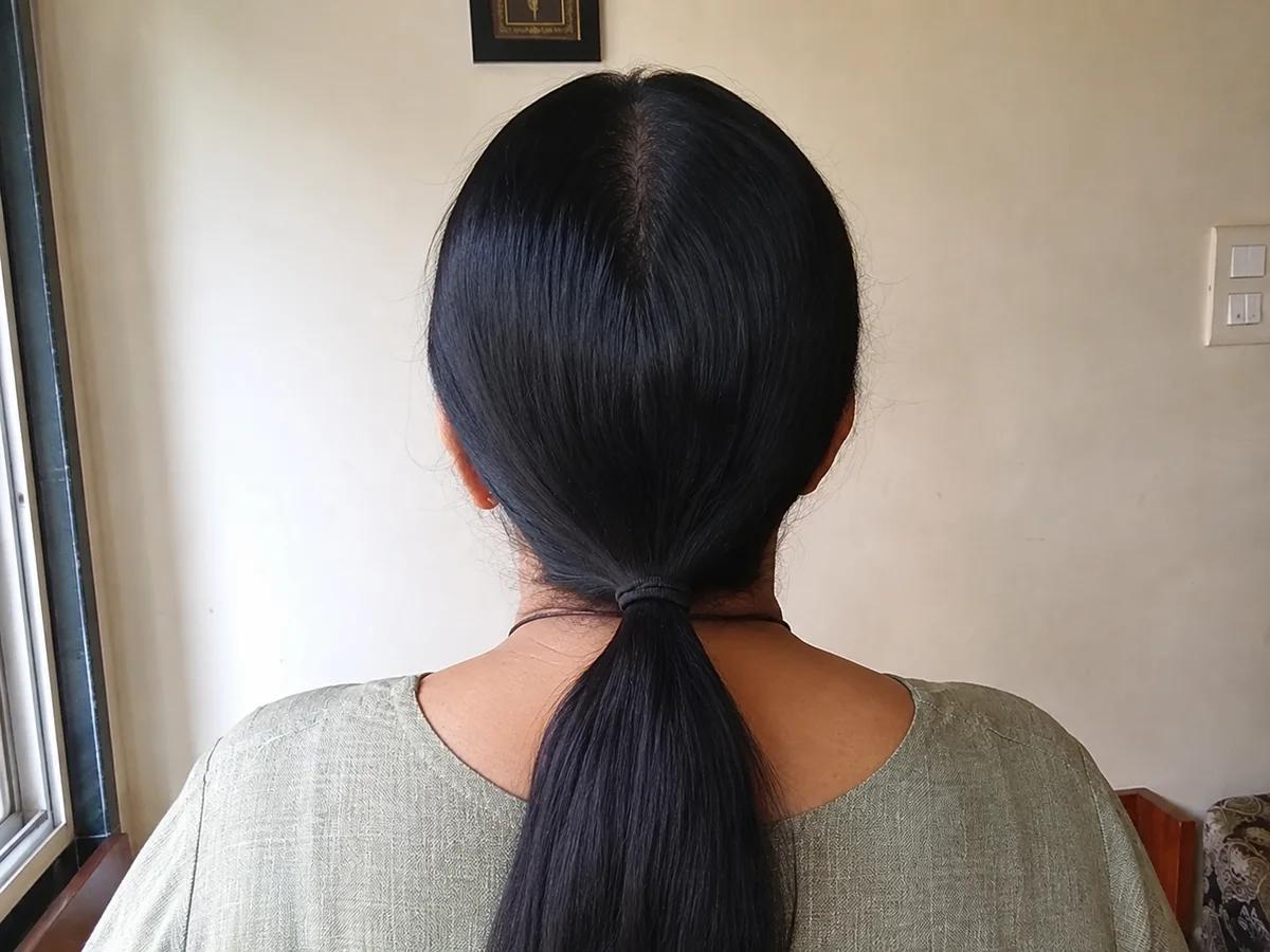 Hair after 8 weeks of using Mahi Herbal hair oil — visibly denser and healthier