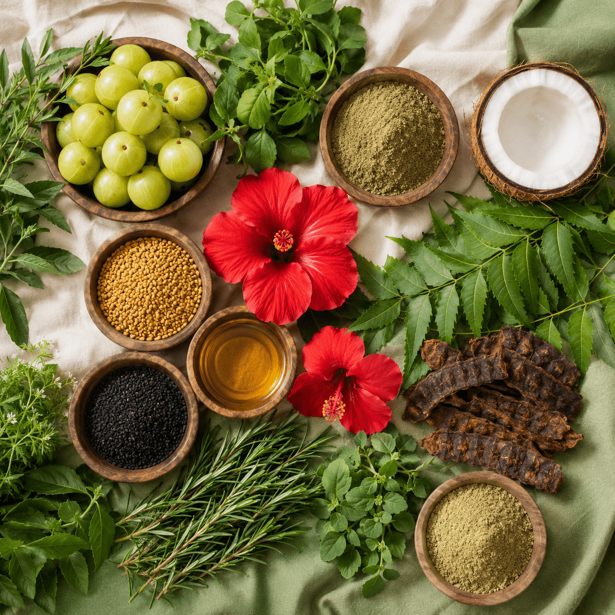 Mahi natural herbal ingredients flatlay